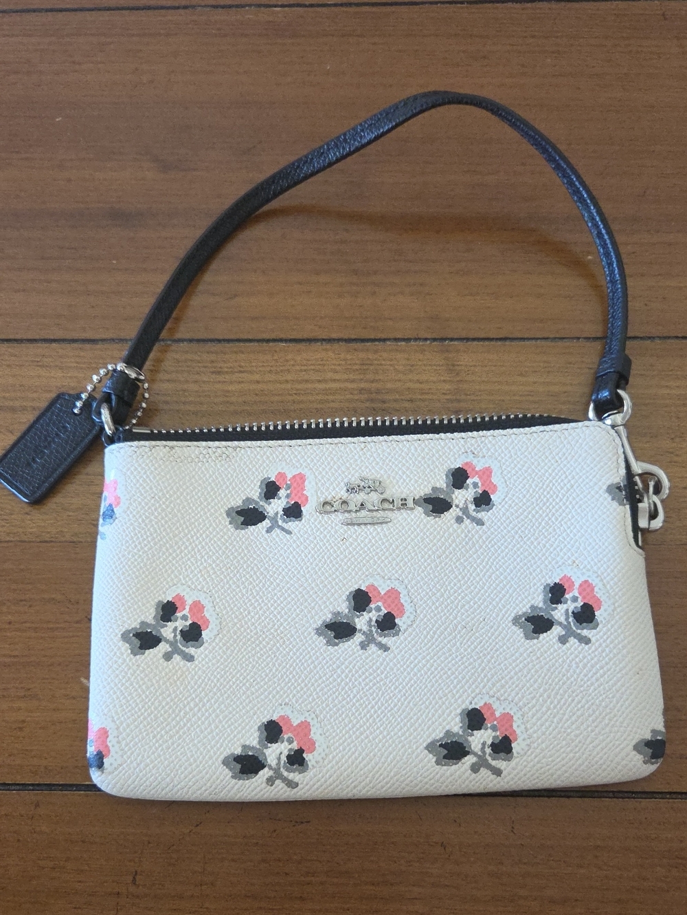 Coach Cream Floral Wristlet with Black Strap